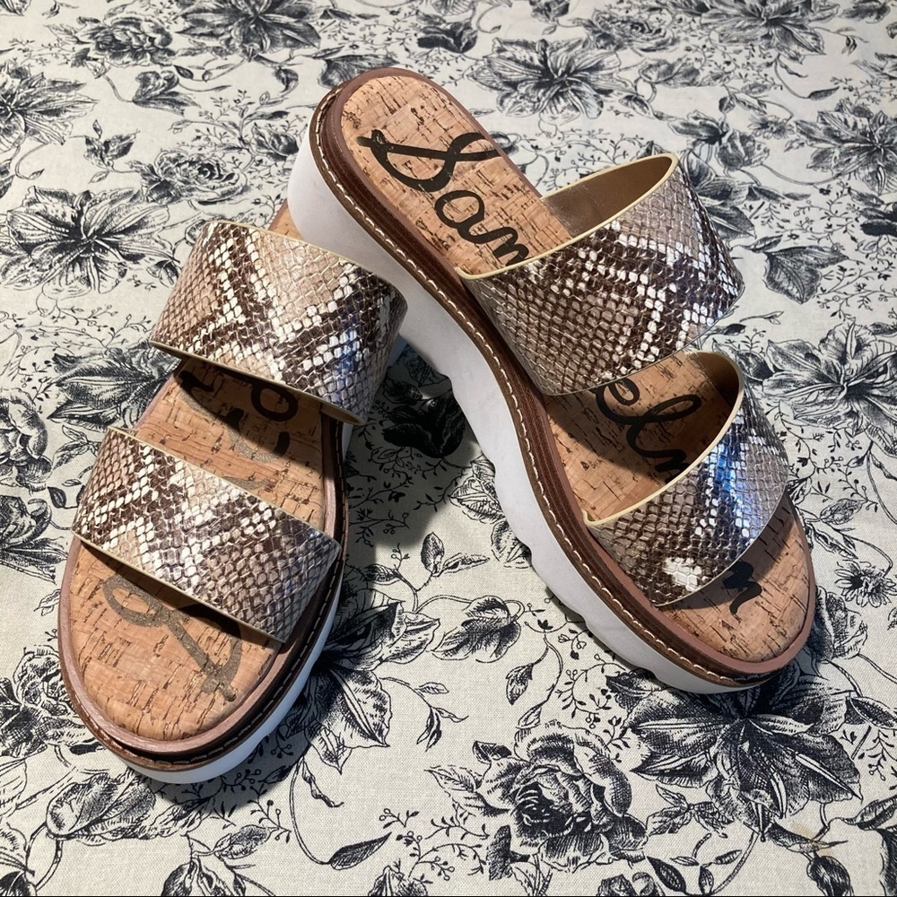 SAM EDELMAN Sz 9 Raul Cork Insole Chunky Sole Slip On Sandals Snakeskin